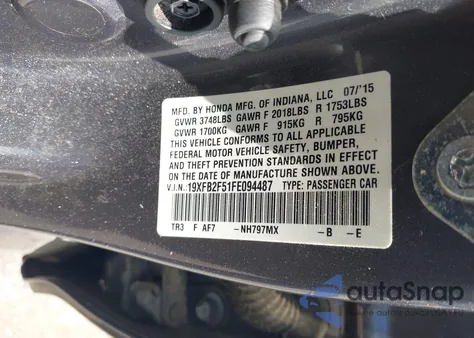 2015 Honda Civic Lx из США, поврежденный, VIN 19XFB2F51FE094487